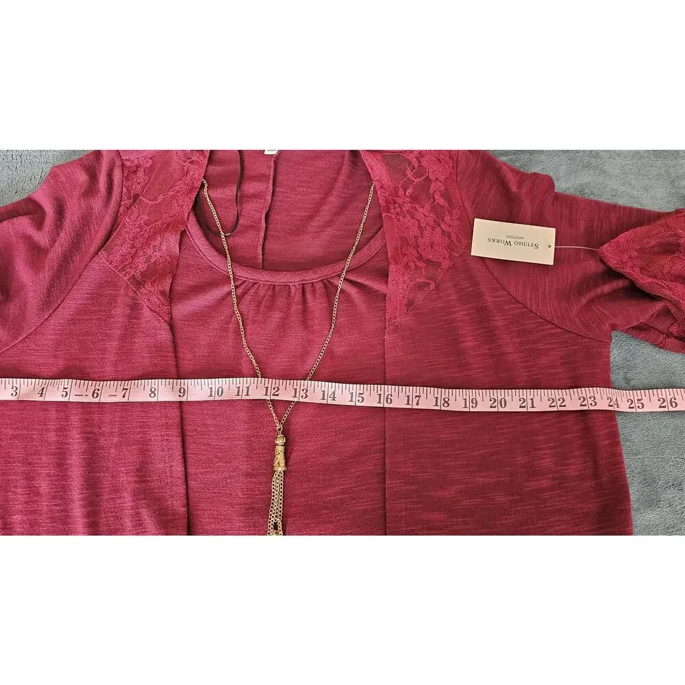 Studio Works Women's Lace Detail Wine Glace Cardigan & Necklace Set - Size 1X